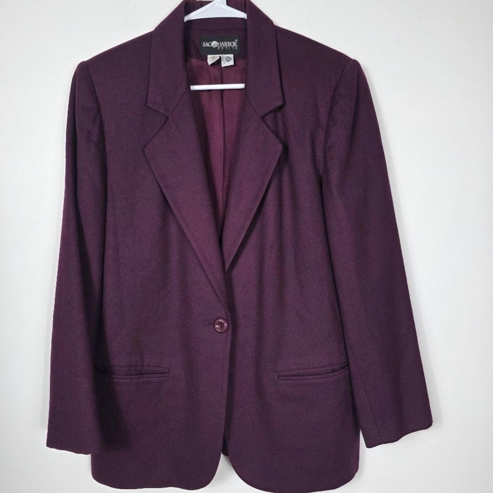 VTG Sag Harbor‎ Sz 12  Petite Womens Blazer Jacket Plum Purple Wool Office